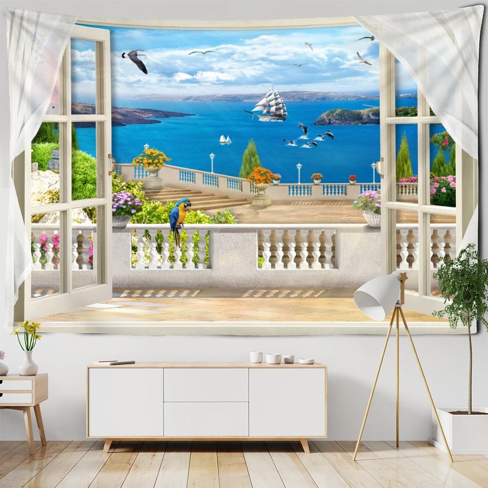 Imitation Window Landscape Painting Tapestry Wall Hanging Bohemian Natural Scenery Hippie Living Room Home Decor