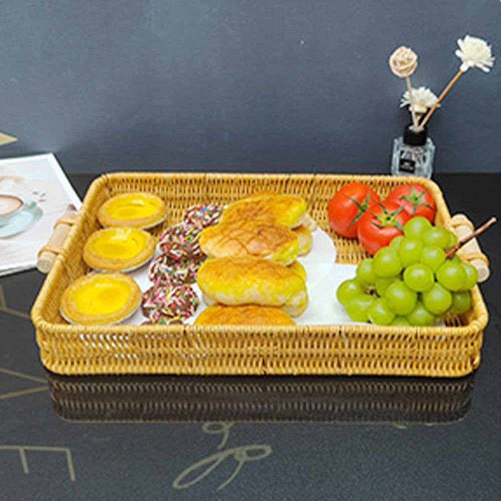 Plastic Rattan Threads Food Serving Tray Wooden Handle Desktop Organizer  Office