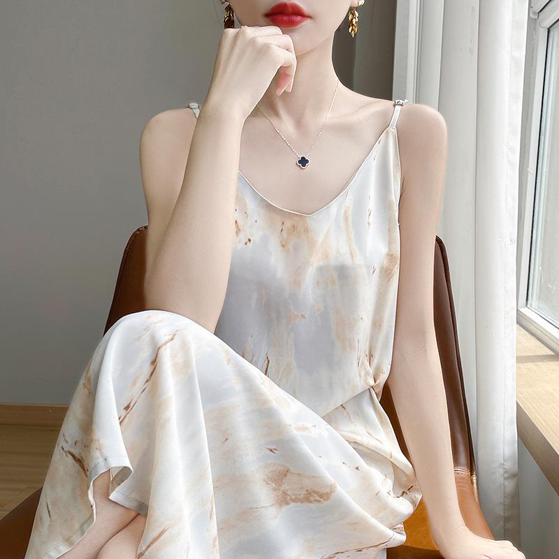 Women's Summer V-Neck Floral Acetate Satin Camisole Dress - Hip-Hugging Over-the-Knee Design