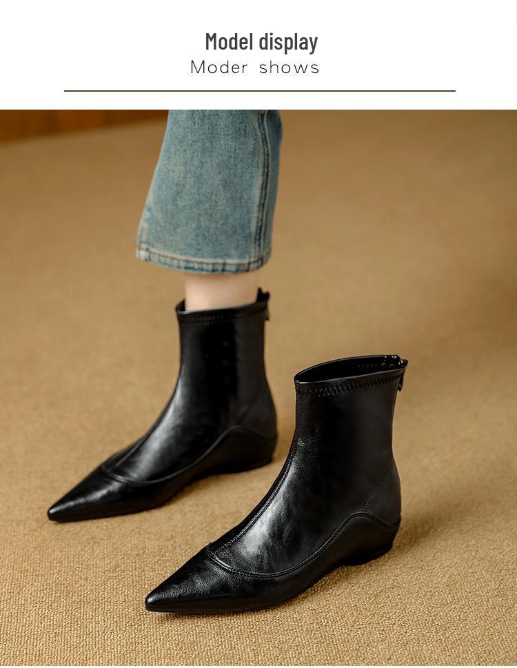 French Stretch Slimming Boots: Autumn/Winter Fleece-lined, Retro Style, Soft Leather, Inner Height Increase, Back Zipper Short Boots