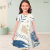 Girls Round Neck Short Sleeve Abstract Printed Blue Beige White A Line Flared Dress