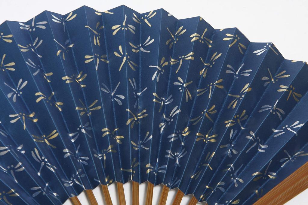 Hasegawa Men's Large Folding Fan with Pouch, Wooden Box, Made in Japan (Dragonfly/Navy)