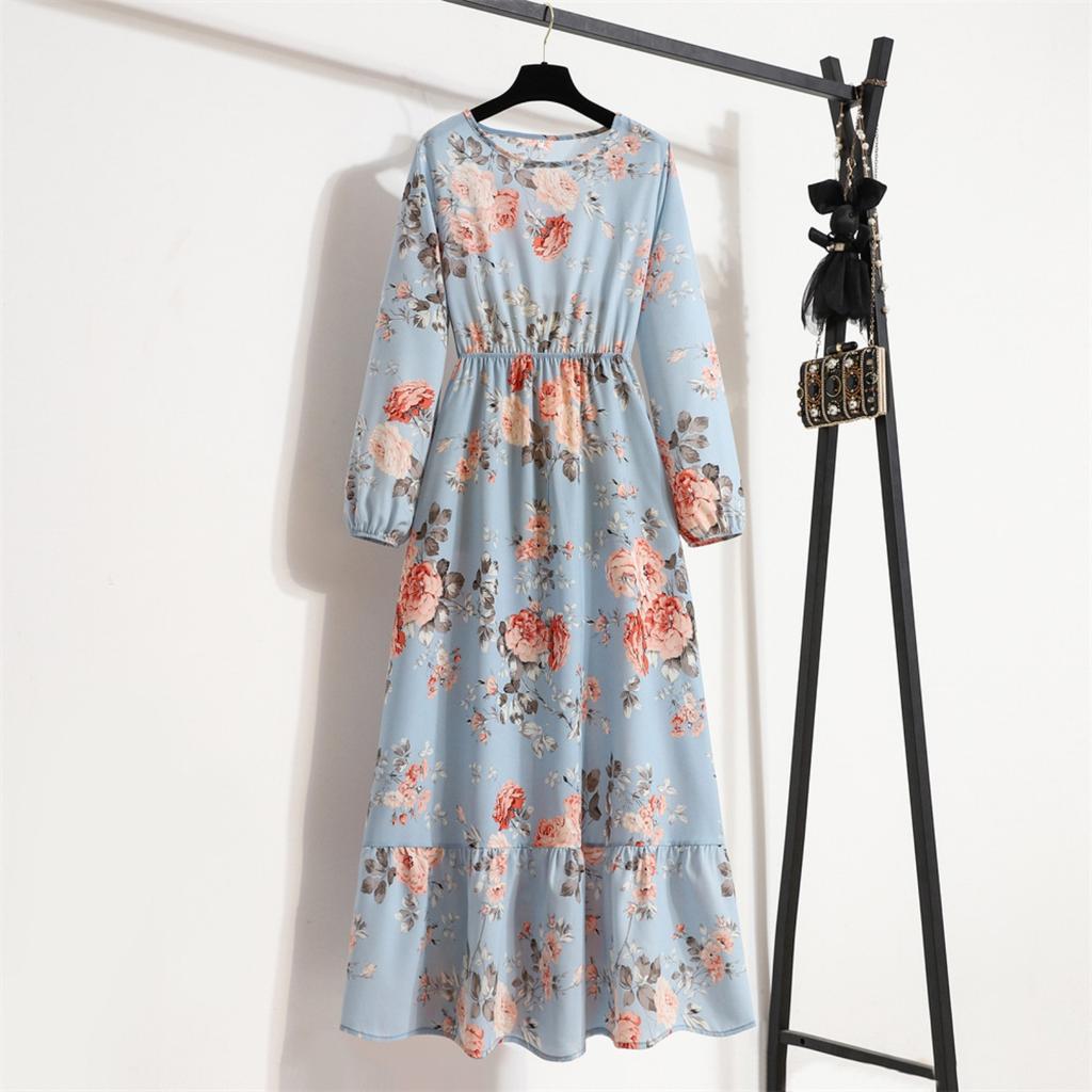 Printed Midi Waist Four Color Temperament Commuters Four Side Stretch Printed Unpadded Long Dress Dresses