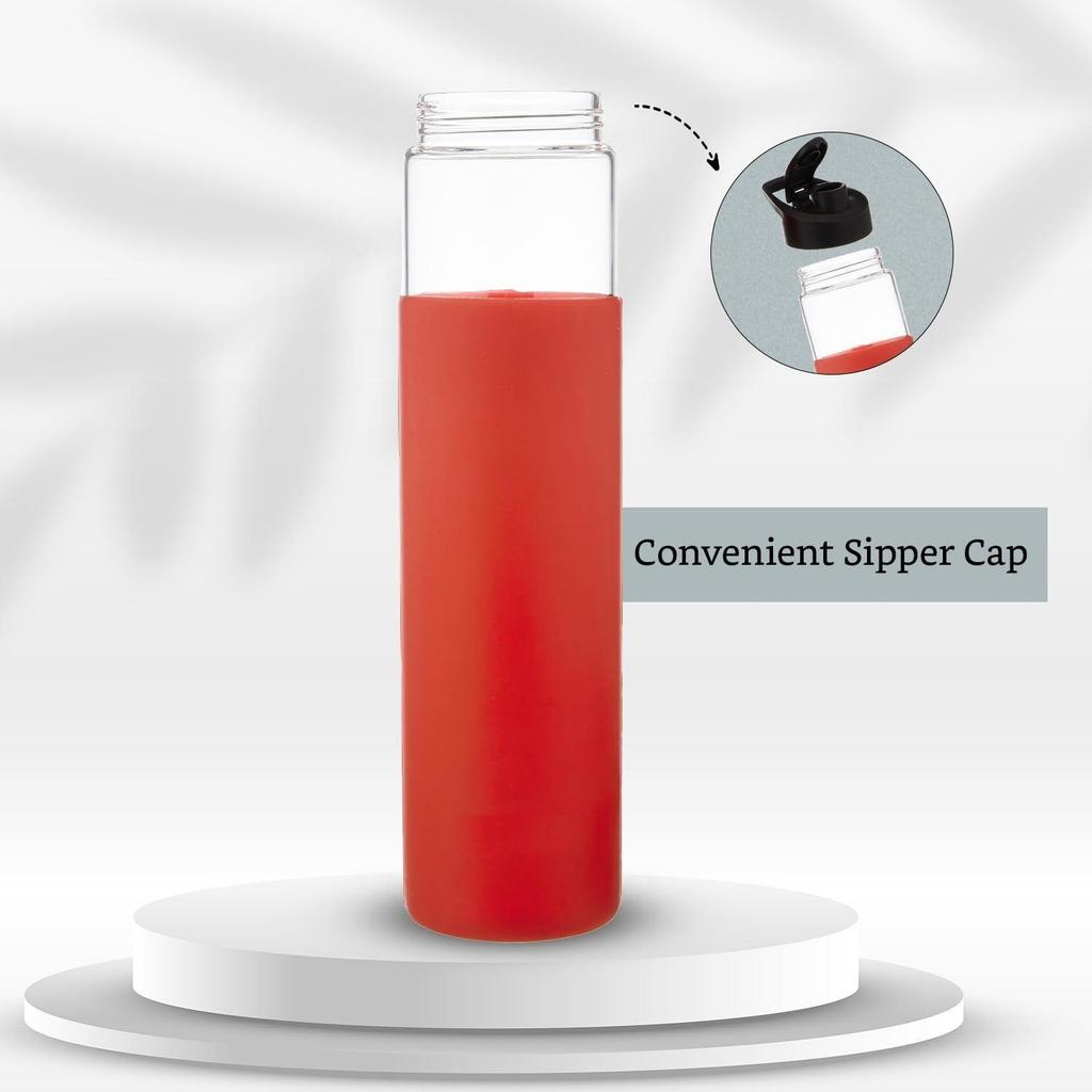 Borosilikatglasflasche mit schwarzem Trinkverschluss | Rutschfeste Silikonhülle | 1000 ml