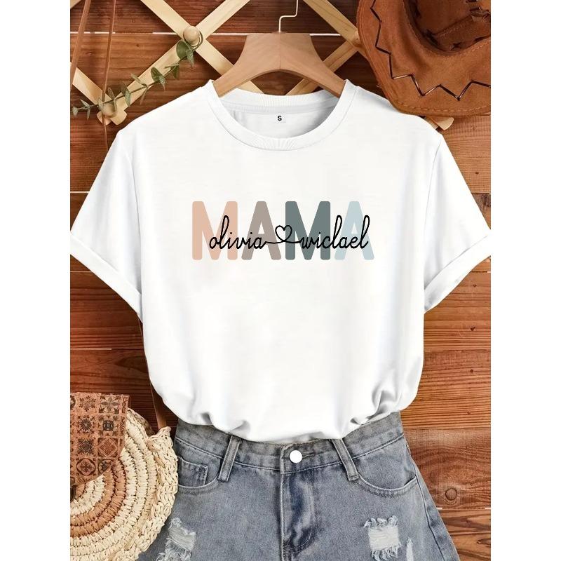 Damski spersonalizowany T-shirt Mama z własnym imieniem Rodzina Okrągły dekolt Casual Na każdą porę roku Prezent na Dzień Matki Pamiątkowy T-shirt