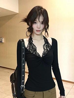 American Style Lace Patchwork Halter V-Neck Long Sleeve T-Shirt for Women, Slimming Early Spring Top
