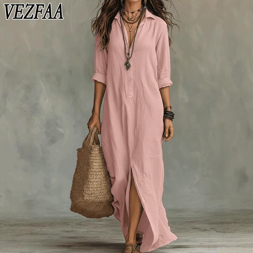 VEZFAA Vestidos casuales de cintura holgada con cuello tipo polo y manga larga con estampado de colores sólidos a la moda para mujer para primavera y otoño