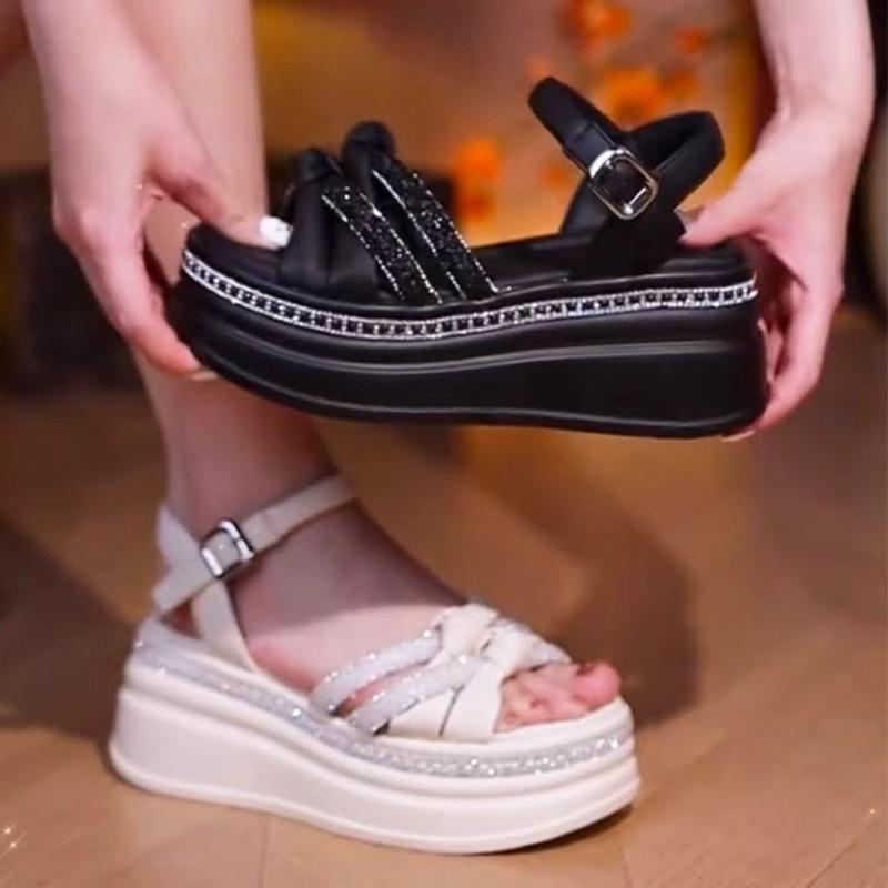 Height-increasing sandals women's summer new muffin wedge heel leather platform sneakers rhinestone sandals women