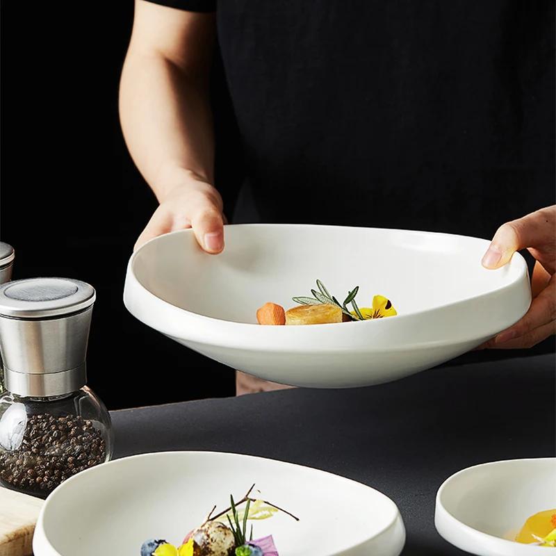High-end Ceramic Western Food Pasta Plate Creative White Oval Salad Bowl 10 Inches Thick Edge Dessert Plate Restaurant Tableware