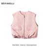 Women's Versatile Round Neck Double Zipper Vest - Northern Deer, Simple Style, for Spring/Summer