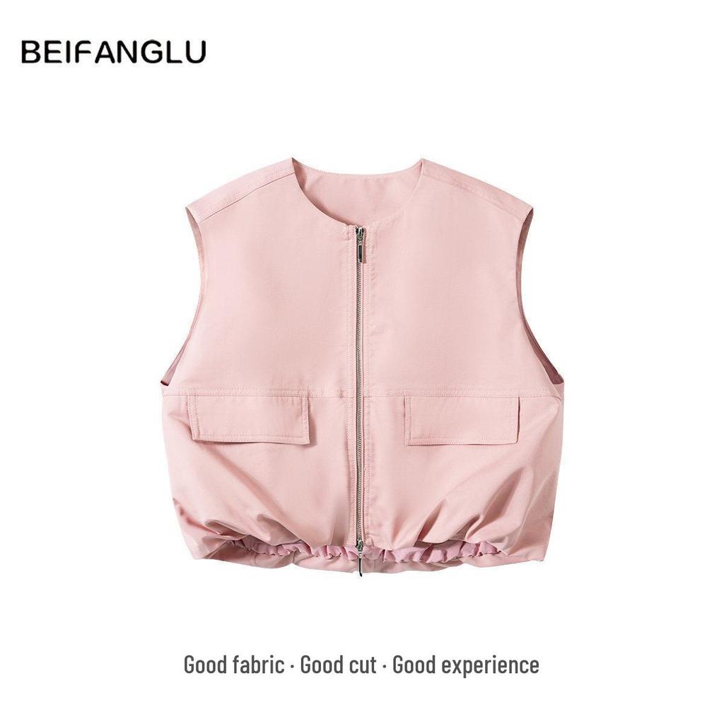 Women's Versatile Round Neck Double Zipper Vest - Northern Deer, Simple Style, for Spring/Summer