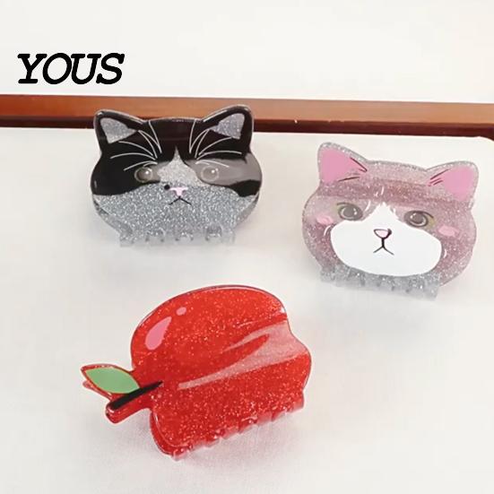 Strong Grip Hair Claw for Women, Anti-Slip Tooth Clip with Grip, 3D Cat Half-up Red Fruit Design Back Head Claw, Pearlescent Glitter