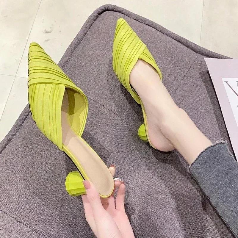 Новая Мода Женская Обувь На Каблуках Сандалии Однотонные Высокие Шлепанцы Femme Женские Туфли-Лодочки С Закрытым Носком 40 зелёный 2860₽