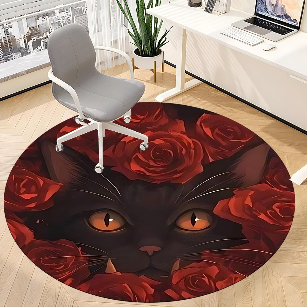 1pc Black Cat Roses Chair Carpet for Office, Round Non Slip Durable Large Size Office Carpet, Suitable for Office