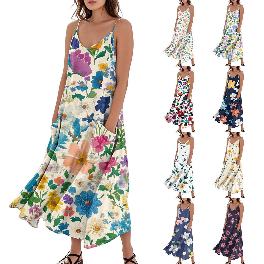 Women's Casual V Neck Floral Print Sleeveless Pocket Suspender Dress