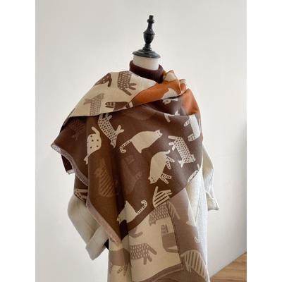 Scarf Retro Autumn and Winter Versatile Color Matching Cartoon Cat Long Thickened Warm Imitation Cashmere Shawl Women