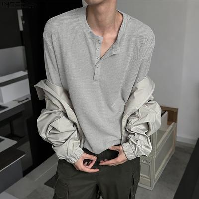 Autumn Spring Men O-neck Long Sleeve Texture Casual Pullover T-shirts Tops