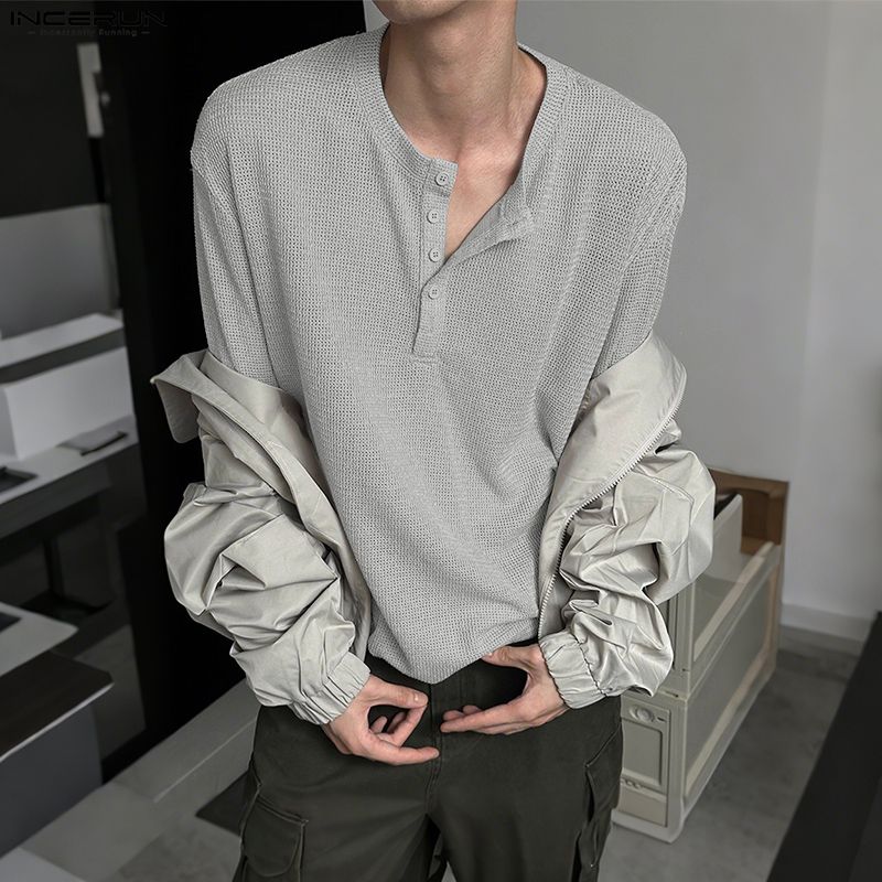 INCERUN Autumn Spring Men O-neck Long Sleeve Texture Casual Pullover T-shirts Tops