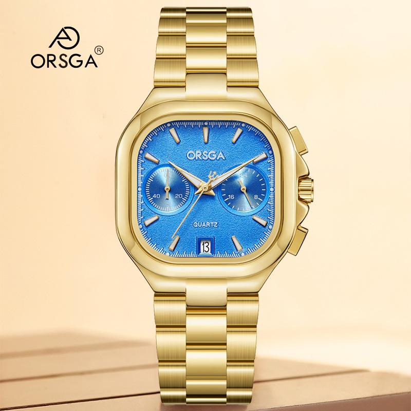 Women's S Elegant Dress Watch with Golden Stainless Steel Band Square Green Dial Waterproof Quartz Wristwatch with Luminous Hand