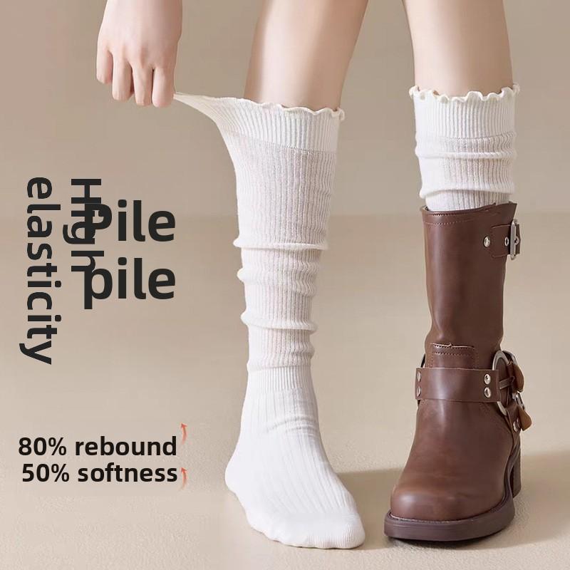 Frühlings- und Herbst-Holz-Ohr Manschette Lange Socken, Kniehohe Strümpfe für Damen mit Spitzenbesatz, Schöne Beinstrümpfe für Damen mit Spitzenbesatz.