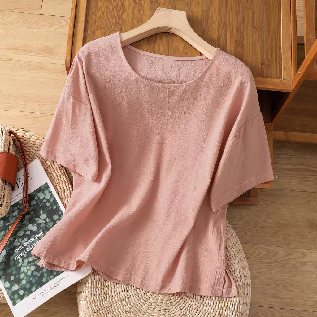 New Summer Cotton and Linen Women's Large-size Tops Literary Pullover Casual Loose T-shirt Short-sleeved Tops