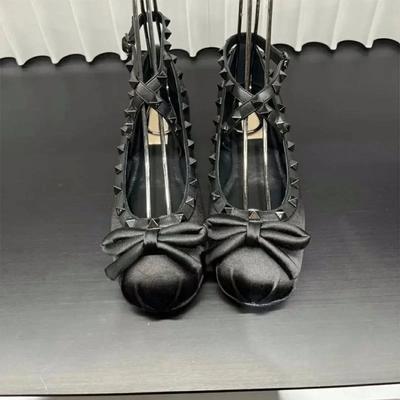 V Family Riveted Satin Ballet Shoes Female 2025 New Bow French Single Shoes Flat Bottom Mary Jane Princess Shoes Luxury