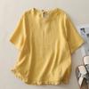 Top casual da donna in misto lino con bordo a balze, girocollo, manica corta, tinta unita, vestibilità ampia