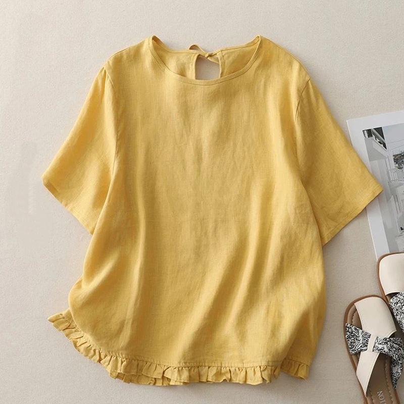 Top casual da donna in misto lino con bordo a balze, girocollo, manica corta, tinta unita, vestibilità ampia