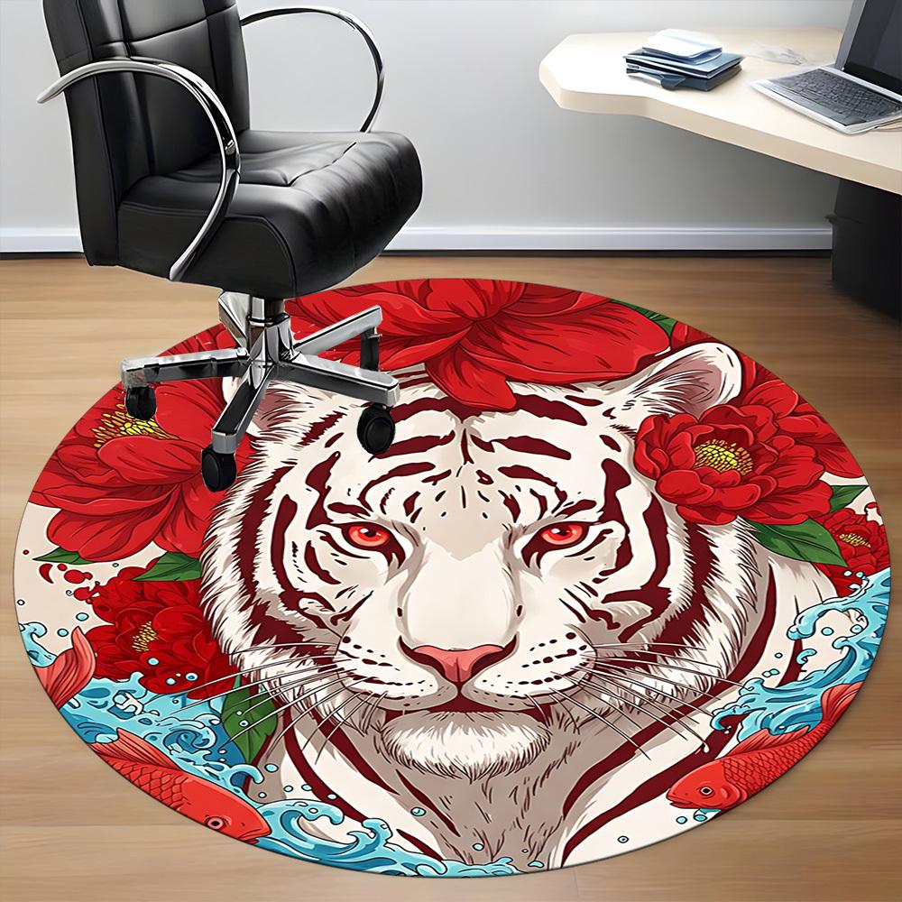 1pc Tiger Floral Pattern Chair Carpet for Office, Round Non-Slip Durable Large Size Office Carpet, Suitable for Office, Beautiful Decoration