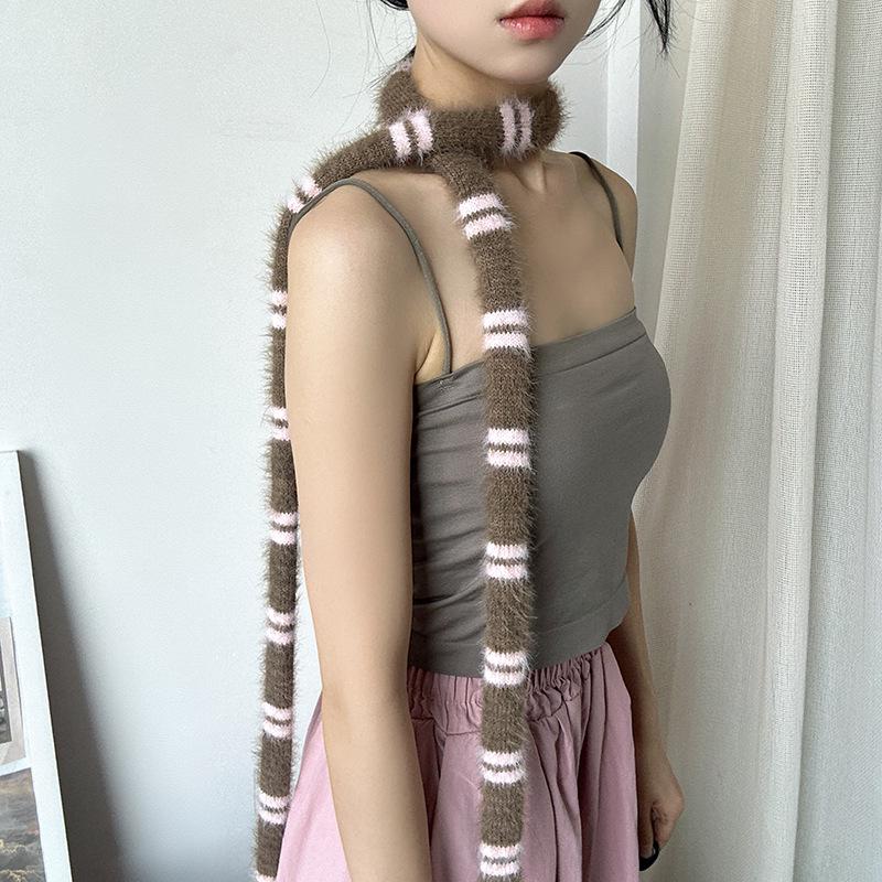 Luochi Fluffy Soft Y2K Striped Knit Scarf - Versatile Neck Warmer for Women