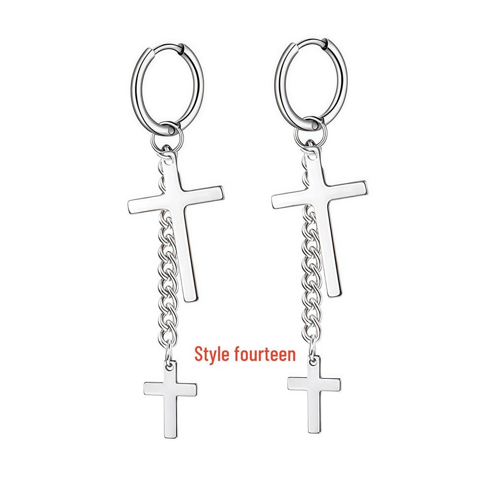 Korean Punk Black Titanium Steel Tassel Chain Cross Ear Clip Earrings