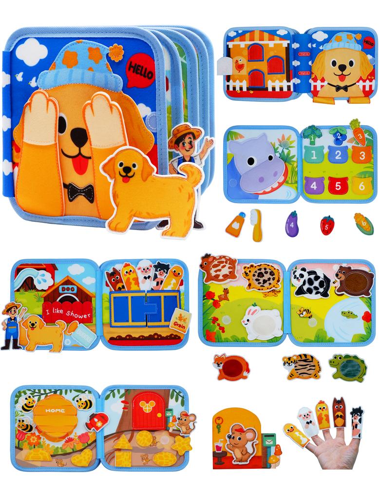 Montessori Busy Board for Toddlers,Felt DIY Busy Book Dog Theme Preschool Learning Activity Fine Motor Skills Travel Toys