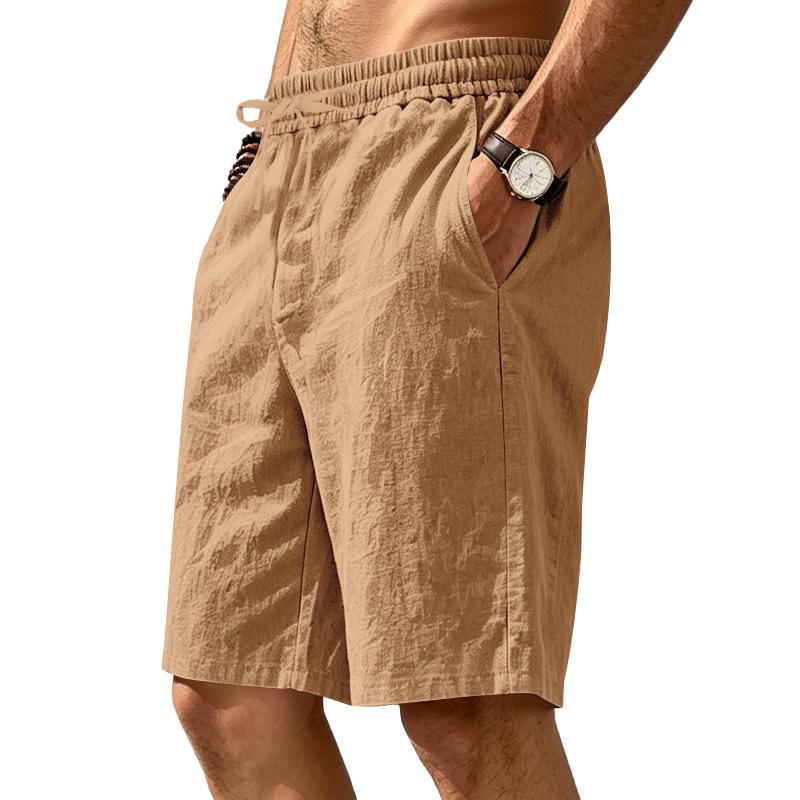 Summer Loose Linen Breathable Casual Sports Simple Solid Color Drawstring Vacation Beach Five Quarter Shorts