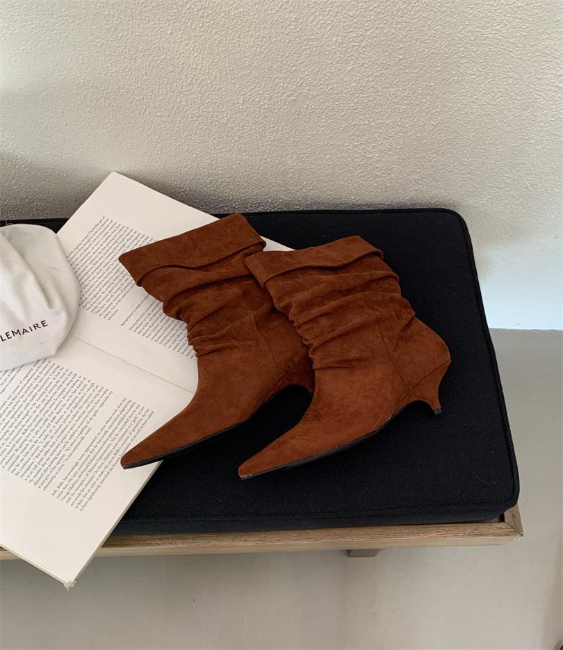 Suede pleated piled boots women's 2025 autumn and winter new pointed western cowboy boots lapel mid boots women