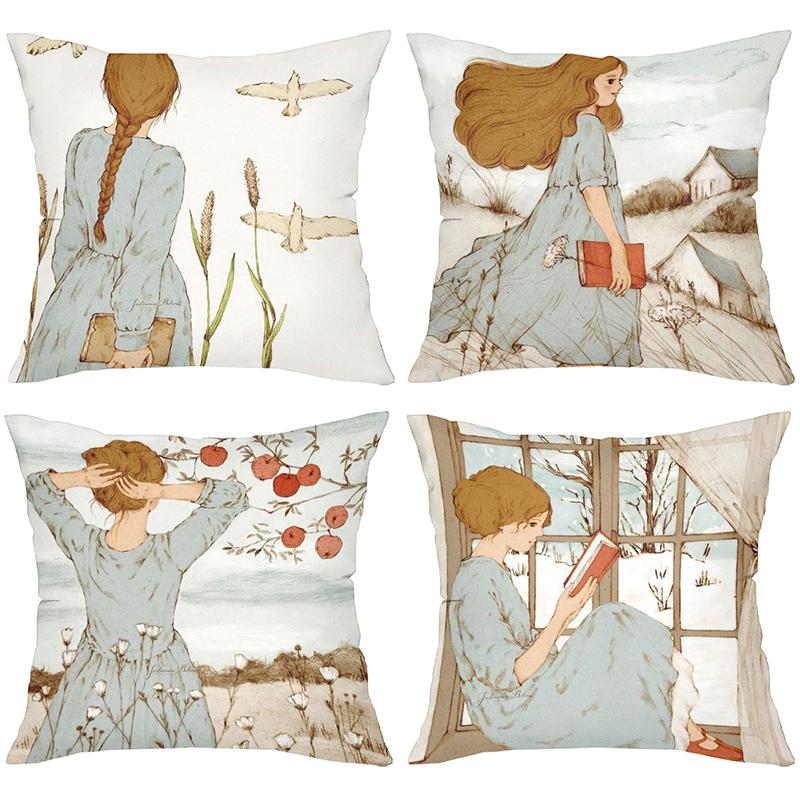 Girls Reading and With Birds Printed Decorative Cushions Polyester pillowcase, sofa decorative cushion cov Headboard Pillow