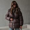 Women's Dark Brown Long Hooded Puffer Coat, Drawstring Waist Winter Jacket