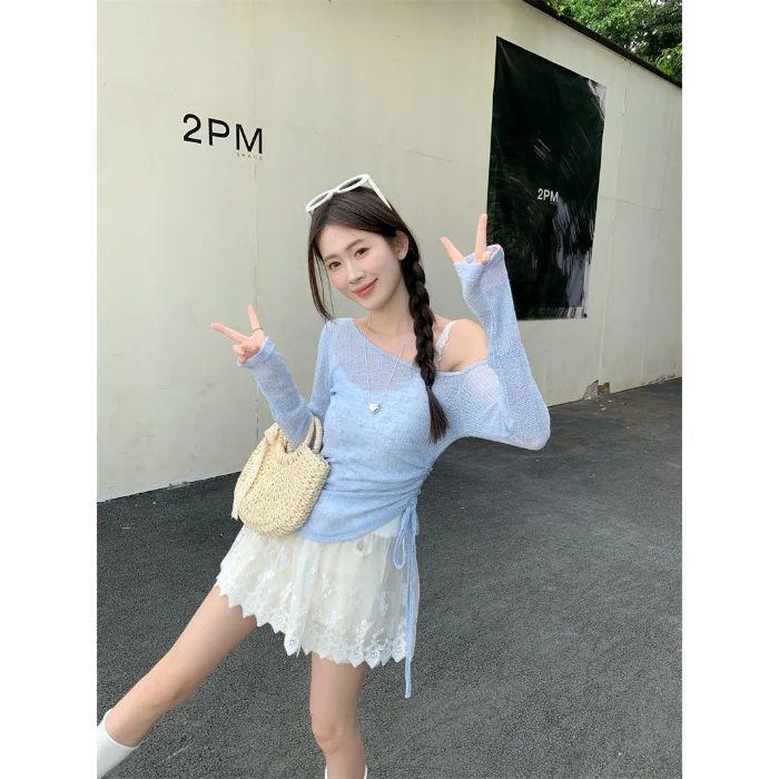 

Женский летний кружевной комплект: майка и кардиган с открытыми плечами и рукавами на кулиске для защиты от солнца Small