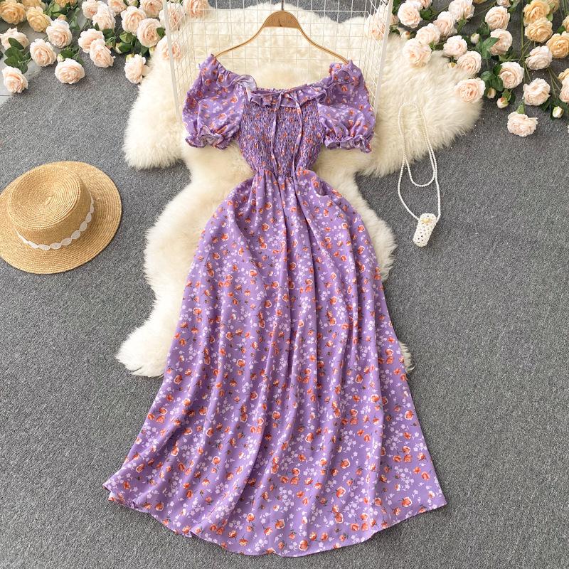 French Retro Floral Slimming High-Waist Long Dress with Pleated Drawstring and Big Swing Hem