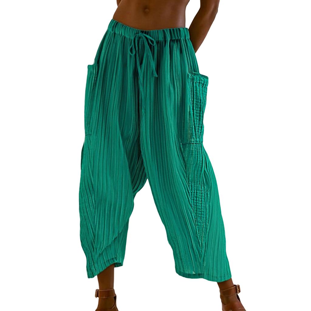 Women's Fashion Striped Straight,Leg Elasticated Waist Cropped Pleated Casual Trousers