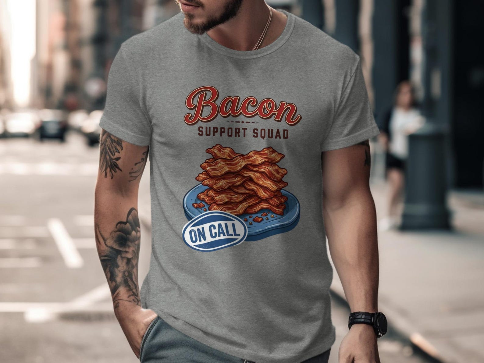 Bacon Support Squad T-Shirt | Funny On Call Breakfast Graphic Tee L
