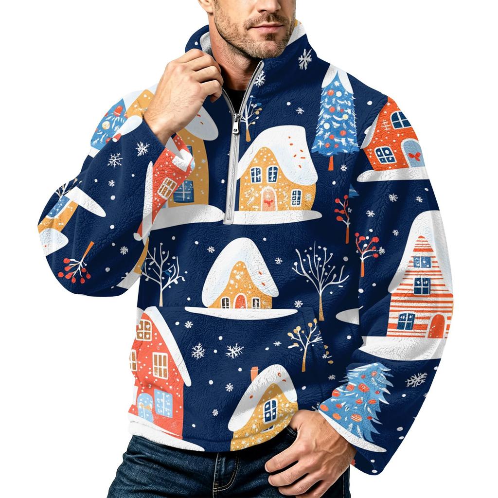 Men's Christmas Print Zip-Up Sweatshirt with Stand Collar, Plus Size Flannel Top for Fall Winter