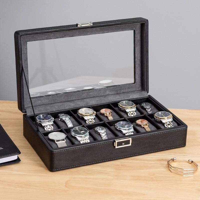 Elegante Uhrenaufbewahrungsbox mit stilvollen Fächern, Mikrofaser-Auskleidung und abschließbarem Deckel für eine sichere Präsentationslösung