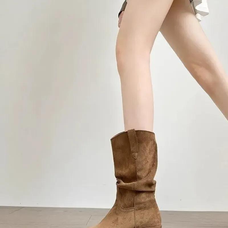 Western Cowboy Boots Thick Heel Retro Short Boots Women's 2025 New Thin High Heel Pointed Thick Heel Pleated Pile Boots Tide
