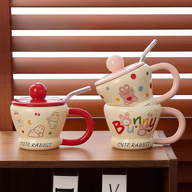 Kreativní ručně štípaný roztomilý králíčí hrnek s víkem, slámový kelímek na mléko, praktický keramický hrnek na vodu pro domácnost, pitná voda