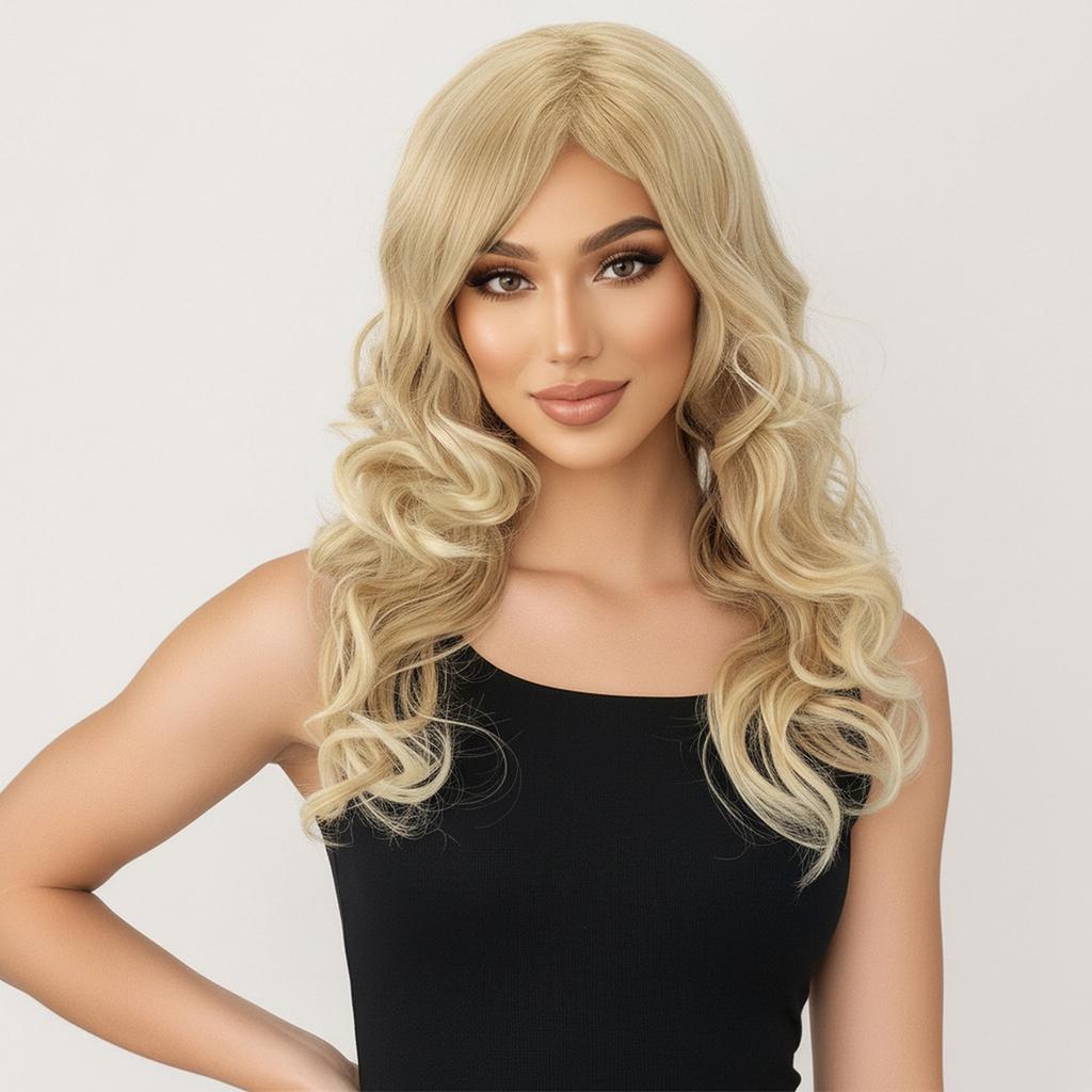 Long Fashion Blonde Hair Synthetic Fluffy Wave Wigs for Women Daily Cosplay Use Heat Resistant Fibre
