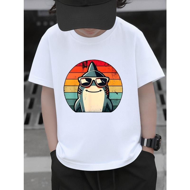 Boys Crewneck Tee, Cool Shark Sunset Vibes Print 110