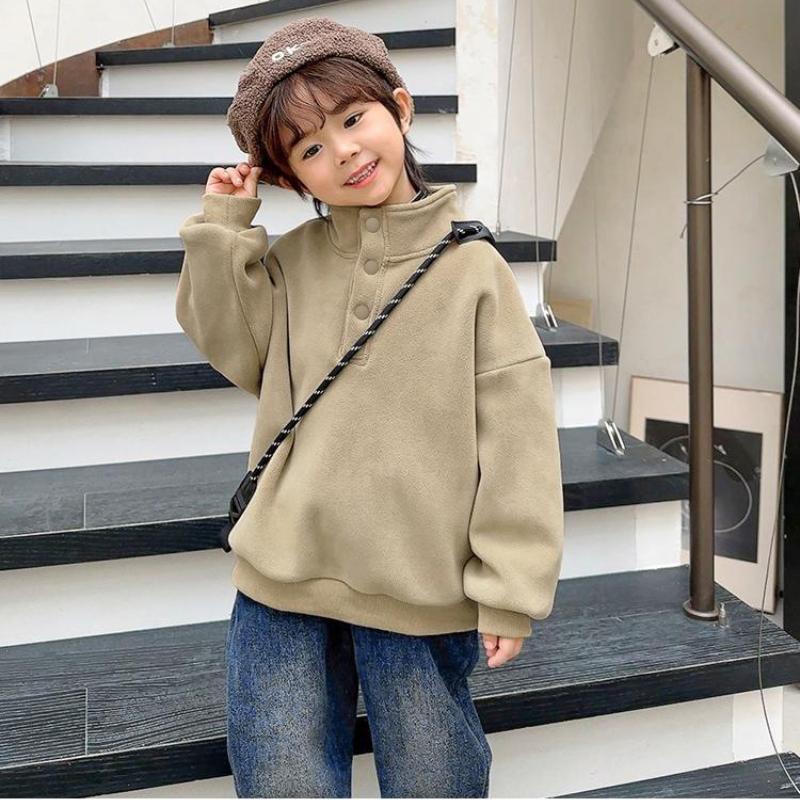 Kinder Österreichischer Samt Stehkragen Warmes Sweatshirt Plus Samtverdickung Großkinder Knopfleiste Einfarbiges Oberteil