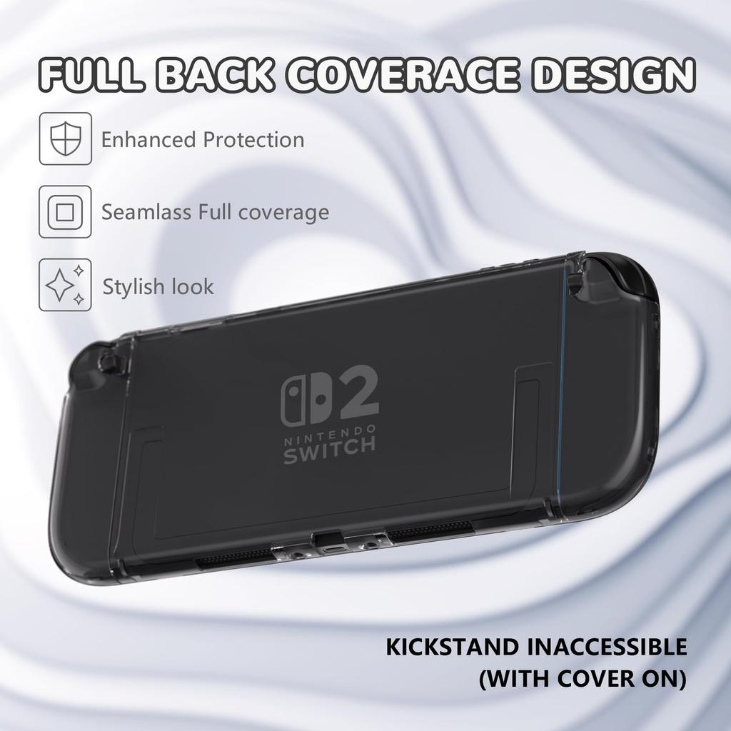 PlayVital Clear Series Průhledné tvrdé pouzdro pro Switch 2 Kompatibilní s dokovací stanicí Ochranný kryt odolný proti poškrábání s úchopem Skládací stojánek Krytky na palce