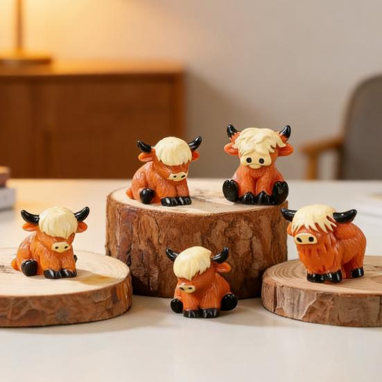 Mini-Hochlandrinder-Figuren Handgefertigte Harz-Miniatur-Rinderstatue Niedliche Bauernhoftier-Skulptur für Haus, Garten, Büro, Schreibtisch Dekor DIY Mikro-Landschaft