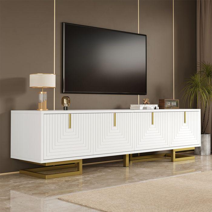 TV Cabinet, White, with 4 Textured Doors, Gold Handles and Legs, Living Room Furniture, 160 X 38 X 44 Cm